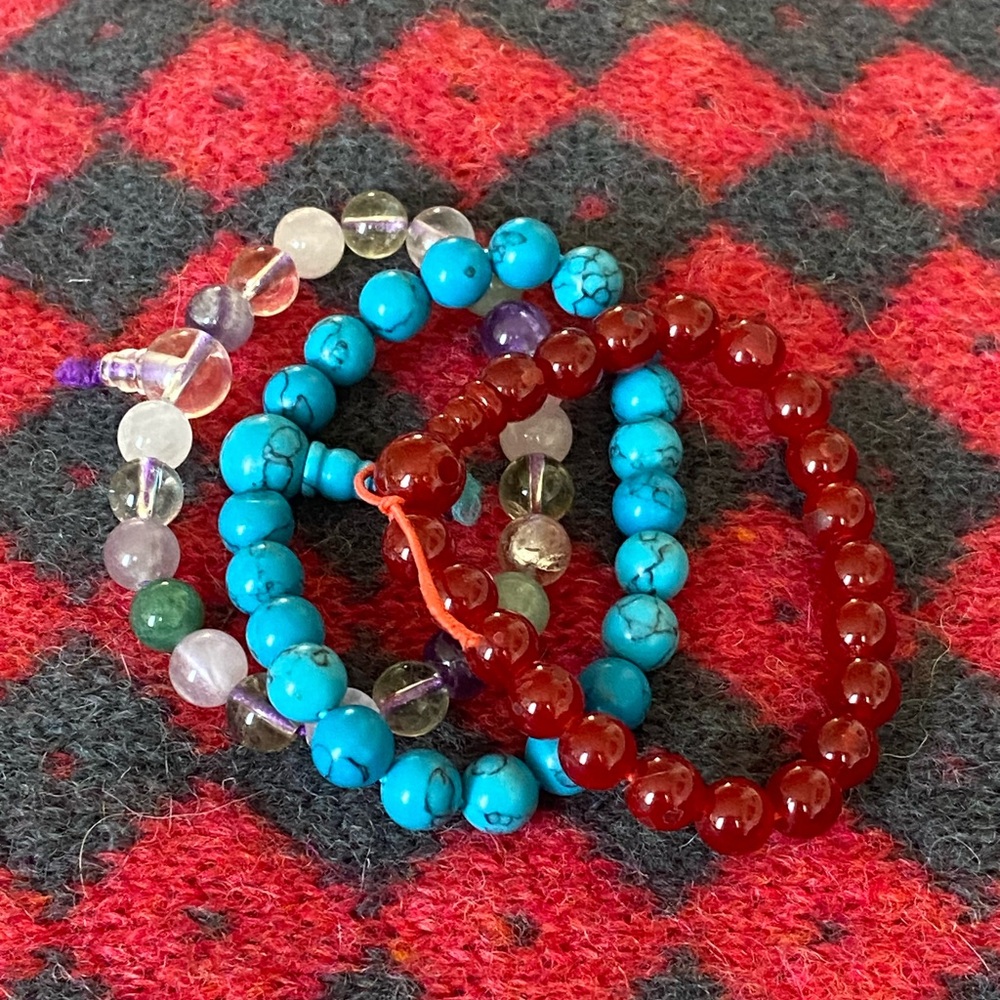 Set Of 3 Beaded Stretch Bracelets Natural Turquoise/Agate